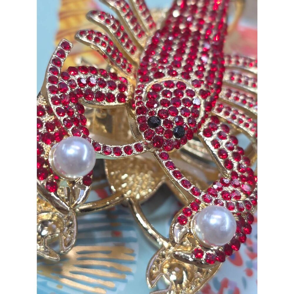 🔹️NWT Red Rhinestone & Faux Pearl Lobster Metal Hair Claw Clip - Picture 5 of 9